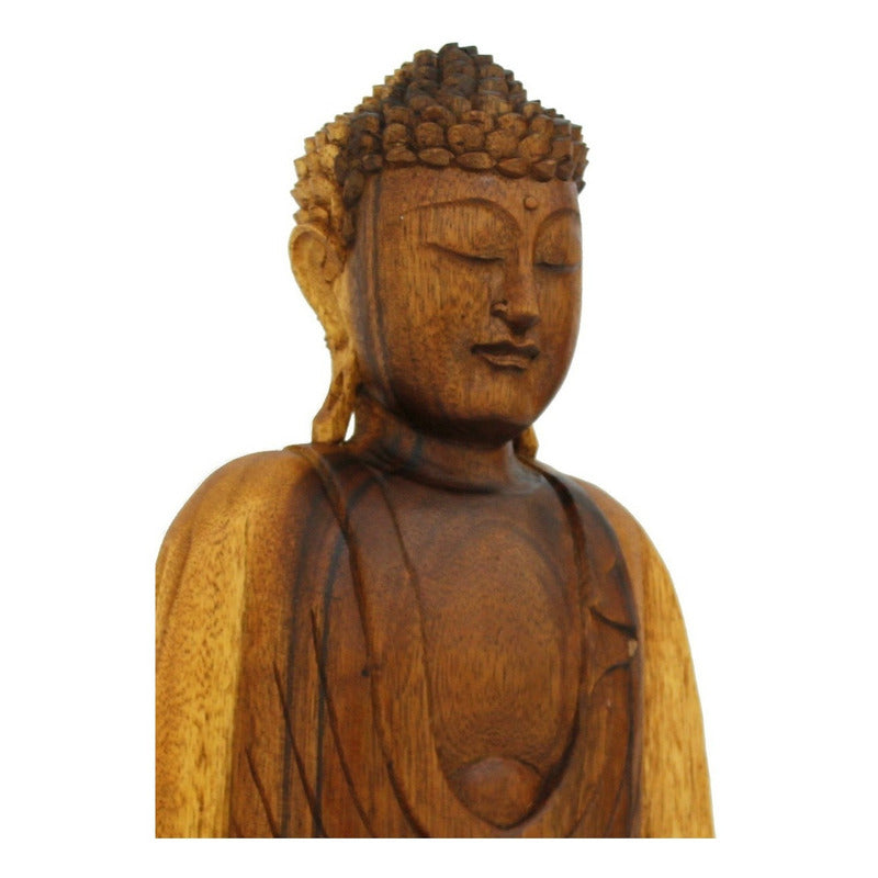Estátua Buda Decorativo Madeira Decoração Escultura - 43cm Marrom Madeira Natural