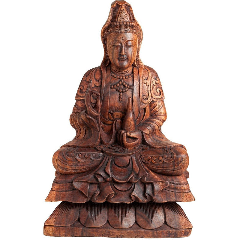 Escultura Deusa Kwan Yin Madeira Decoração Artesanato - 40cm Marrom