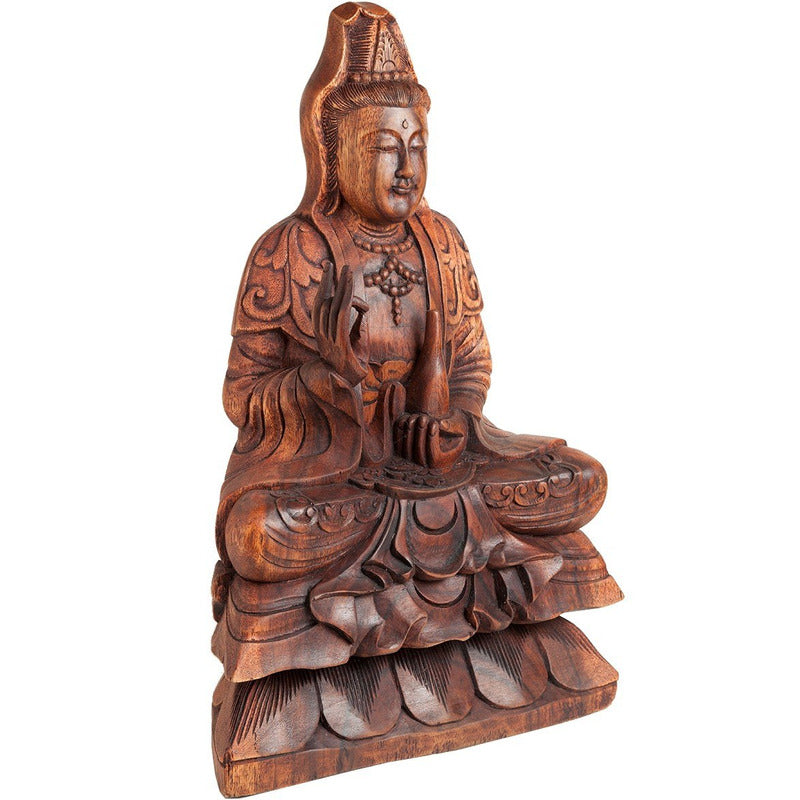 Escultura Deusa Kwan Yin Madeira Decoração Artesanato - 40cm Marrom