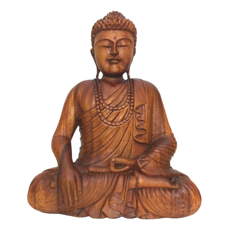 Escultura Buda Decorativo Estátua Decoração Madeira - 60cm Marrom