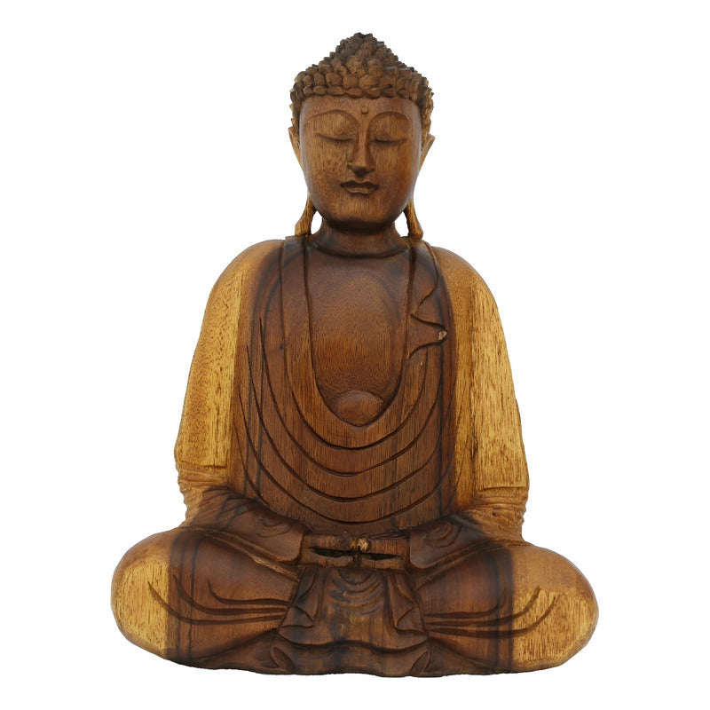 Estátua Buda Decorativo Madeira Decoração Escultura - 43cm Marrom Madeira Natural