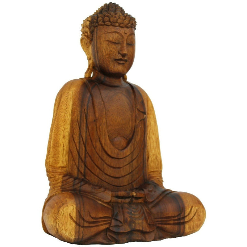 Estátua Buda Decorativo Madeira Decoração Escultura - 43cm Marrom Madeira Natural