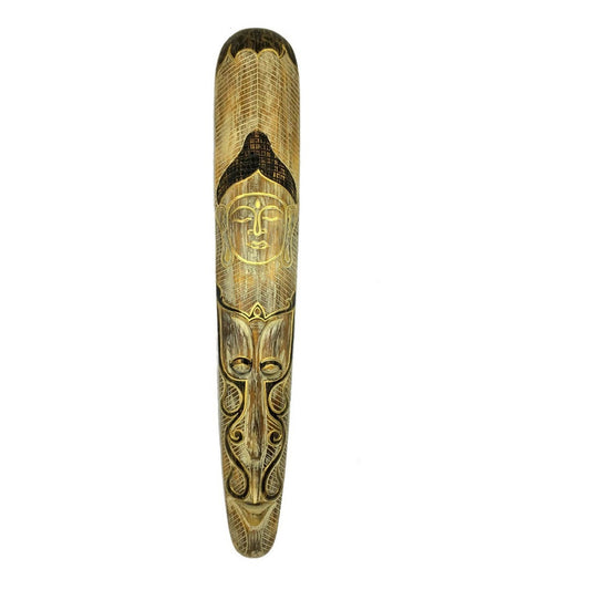 Máscara Carranca Buda Madeira Decoração Oriental Bali -100cm Branco Pátina Com Detalhes Coloridos