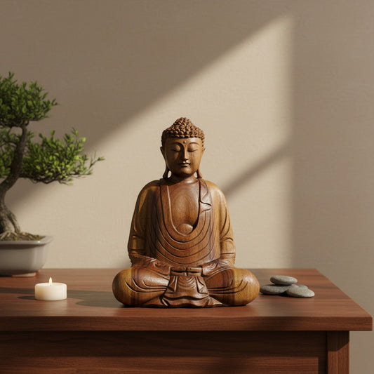 Estátua Buda Decorativo Madeira Decoração Escultura - 43cm Marrom Madeira Natural