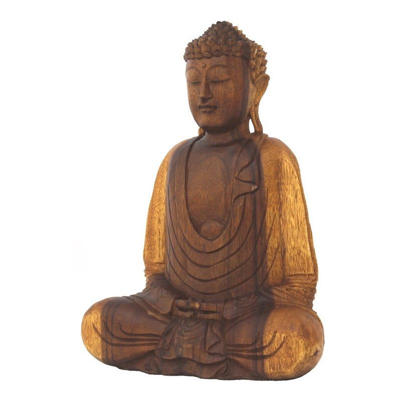 Estátua Buda Decorativo Madeira Decoração Escultura - 43cm Marrom Madeira Natural